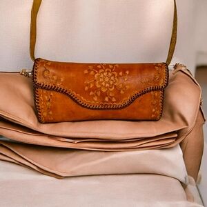 Vintage Hand Tooled Leather Tan Clutch Hand Crafted Shoulder Boho Purse